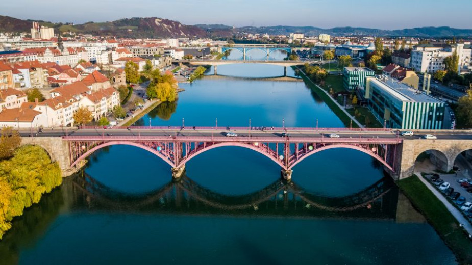 View of the city of Maribor and the river Drava with bridges.