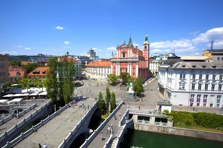 Aerial view of Prešeren Square and Triple Bridge across the Ljubljanica River in Ljubljana