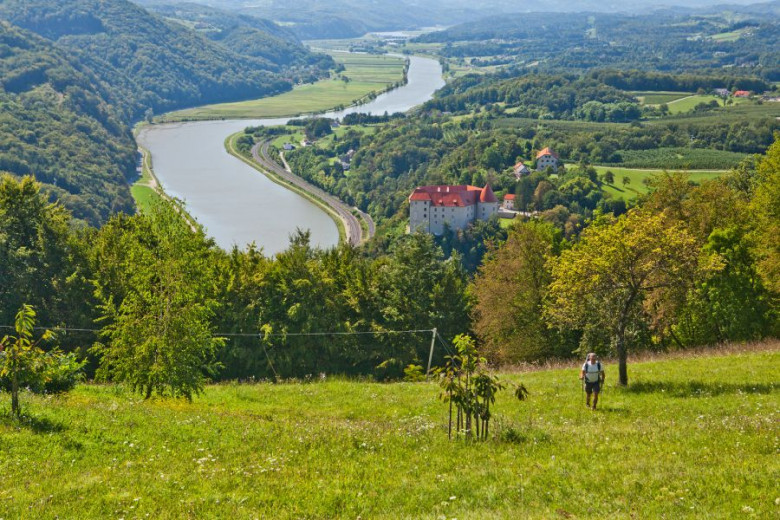 Hiker over the Sava River and the town of Rajhenburg