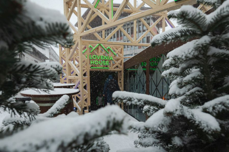 Snow falls gently on evergreen trees framing a wooden structure labeled "Slovenia House." The scene is quiet, conveying a wintery, peaceful ambiance.