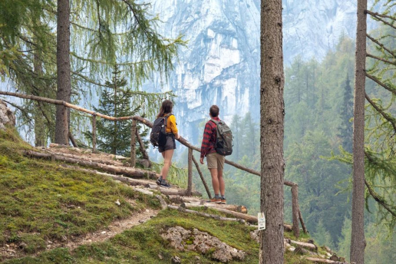 Two hikers with backpacks pause on a tree-lined path, gazing at distant rocky cliffs. The scene conveys exploration and appreciation of nature.