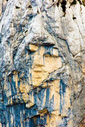 Rock formation resembling a human face, with distinct nose, lips, and brow features. Natural textures create illusion; hints of greenery around.