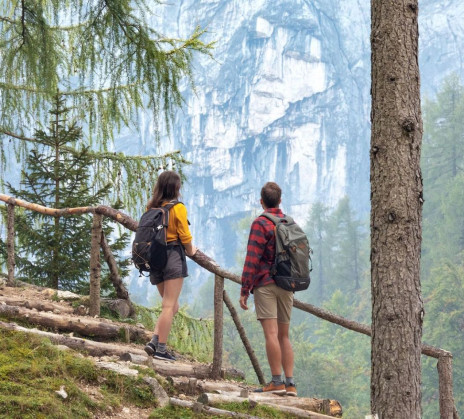 Two hikers with backpacks pause on a tree-lined path, gazing at distant rocky cliffs. The scene conveys exploration and appreciation of nature.