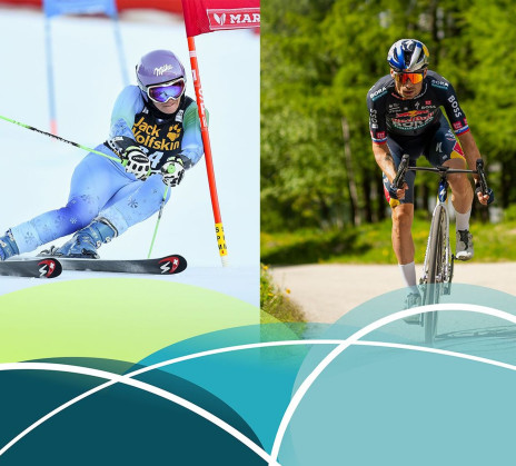 Split image: alpine skier racing a gate on snow, and a cyclist pedaling uphill on a sunny forest road.