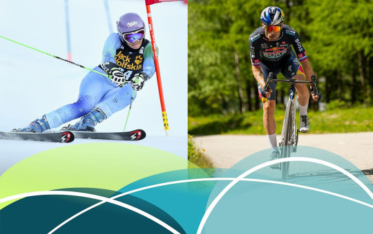 Split image: alpine skier racing a gate on snow, and a cyclist pedaling uphill on a sunny forest road.