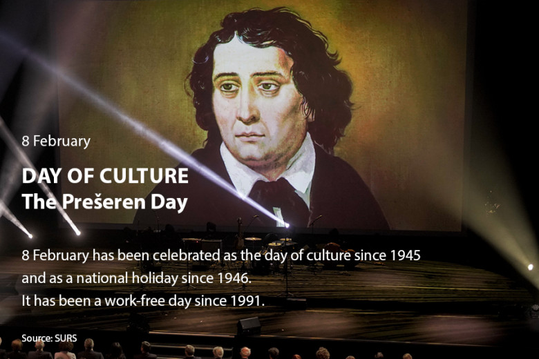 8 February-Day of culture-The Prešeren Day 8 February, the Prešern Day, has been celebrated as the day of culture since 1945 and as a national holiday since 1946. It has been a work-free day since 1991.