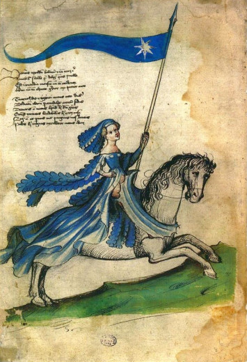 Medieval illustration of a woman in blue armor and gown riding a horse, holding a blue flag with a white star, set against a parchment background.