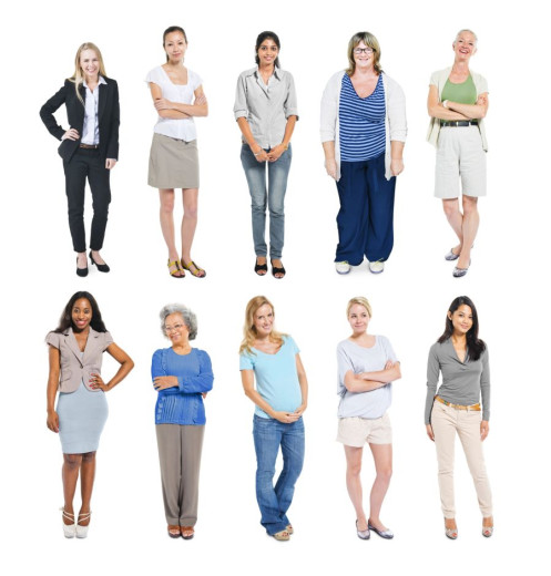 A group of ten diverse women standing, showcasing different styles and expressions, conveys a sense of confidence and individuality against a white background.