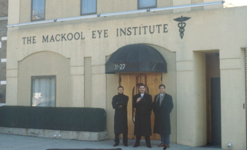 Vladimir Pfeifer, Primož Logar and Marko Hawlina, in formal coats stand  outside The Mackool Eye Institute.