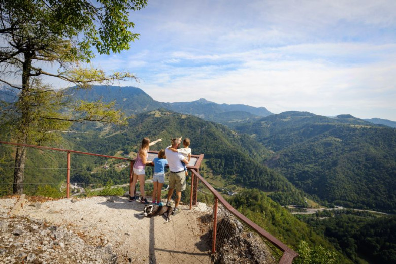 A family of four, with a dog, stands on a scenic mountain overlook, pointing at distant lush green hills under a clear blue sky.