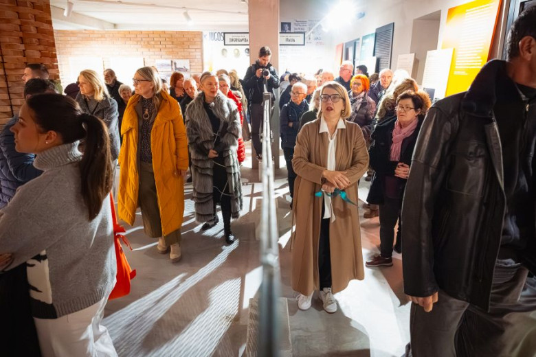 A big crowd of people admiring an exibition.