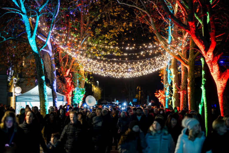 Colorful lights illuminate trees and crowd at night event.