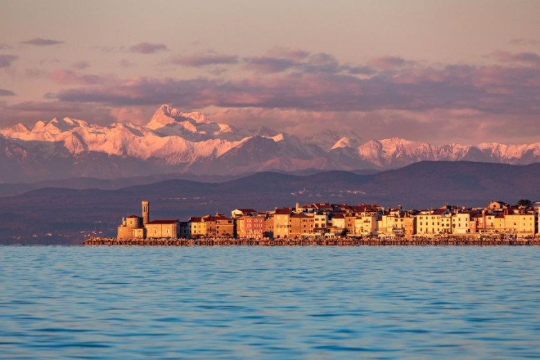 A coast city Piran with the view on the see and mountains