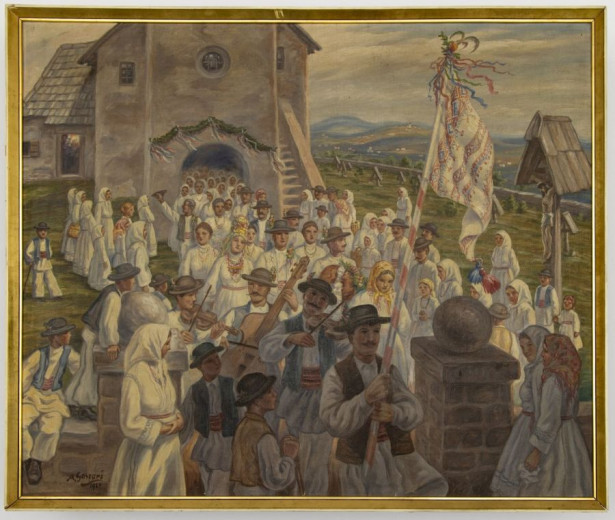 Woman and man in traditional white costume are coming from the church with the Bela krajina flag and musicians in happy atmosphere. Photo: Blaž Verbič/SEM