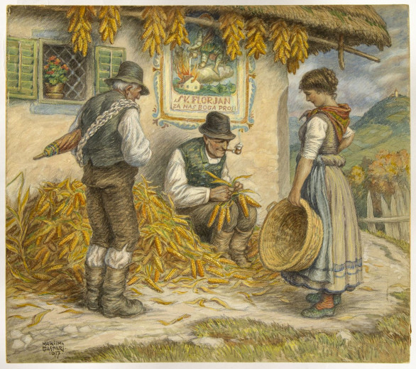 A man and woman in the front of the farm house are doing the corn husking