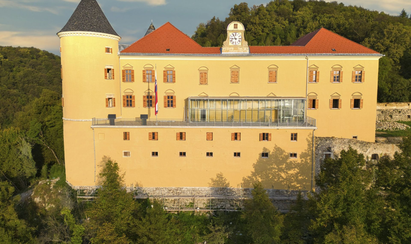 The image shows a large yellow castle with a red roof and a round tower on the left side. In the middle, there is a glass terrace and a clock. The castle stands on a hill surrounded by forest.