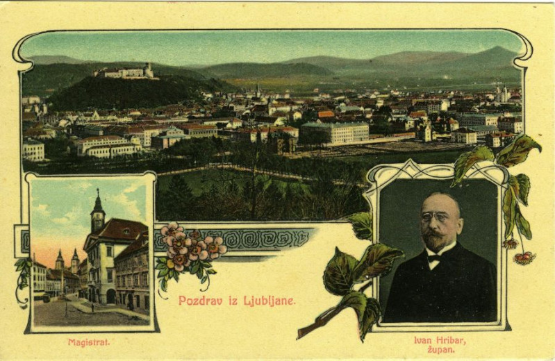 An old  postcard with view on the castle and houses and photo of the man