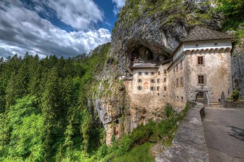 A medieval castle built in a rock of a hill. A forest in the background.