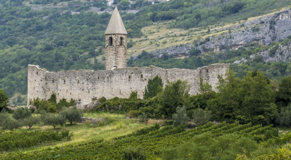 Kamnit grajski zid z visokim stolpom nad vinogradi in zelenimi griči.