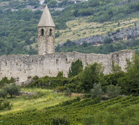 Stone  wall with a tall tower above vineyards and green hills.