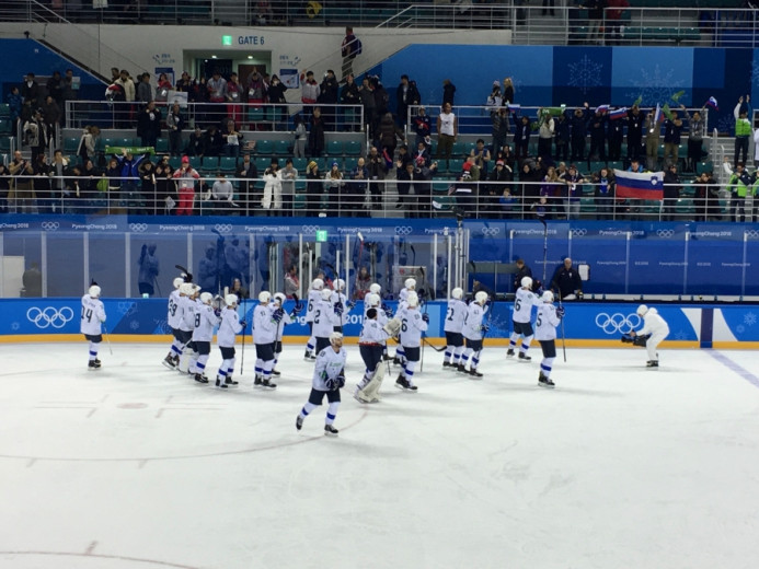 Hockey players after win at the olympic games. 