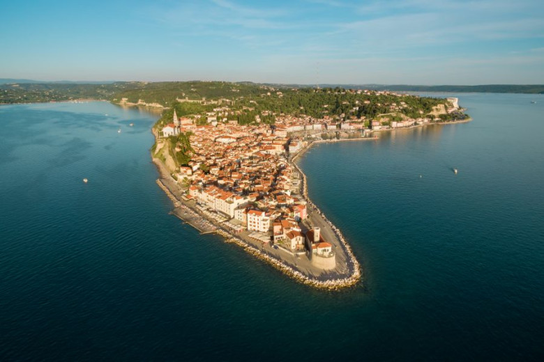 The Old Town of Piran and the sea, aerial view.