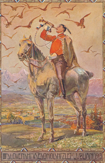 Razglednica za III. slovenski vsesokolski zlet leta 1913 ki je bil prepovedan