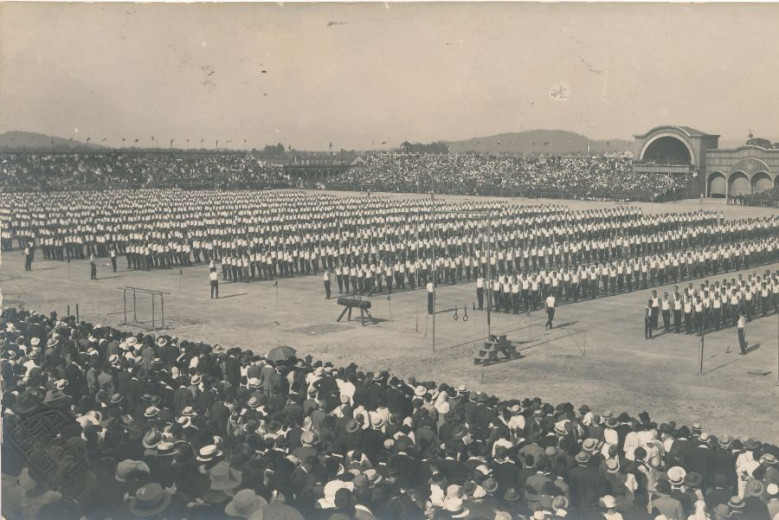 Telovadci med nastopom na I. jugoslovanskem vsesokolskem zletu v Ljubljani leta 1922