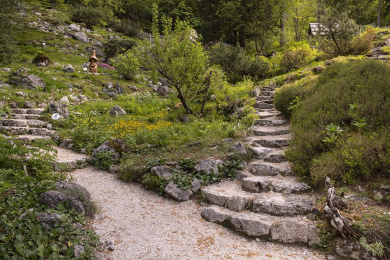 Two stone pathways winding through the flower beds of the Juliana Alpine Botanical Garden.