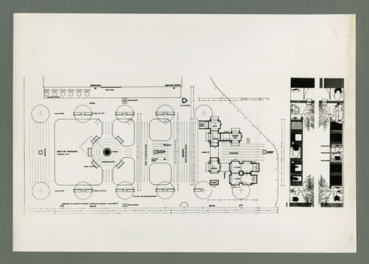 A technical site plan shows a box-shaped kiosk module placed within a designed public area, with measurements, pathways, and layout details.