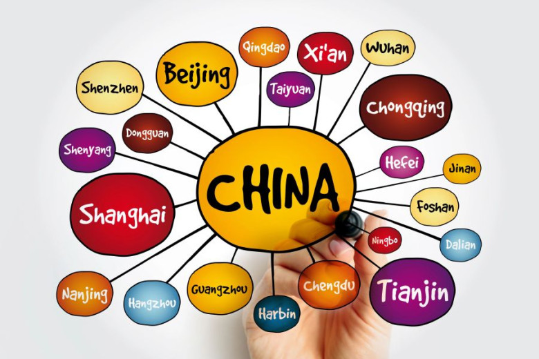 A graphic illustration of a mind map of China' biggest business cities. 