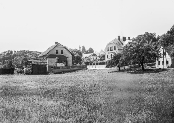 Črno-bela fotografija več hiš, obdanih z drevesi in travnatimi površinami, v ospredju pa je vidna ograja in manjša pomožna stavba. Stavba v sredini je Zdravstveni dom Lukovica.