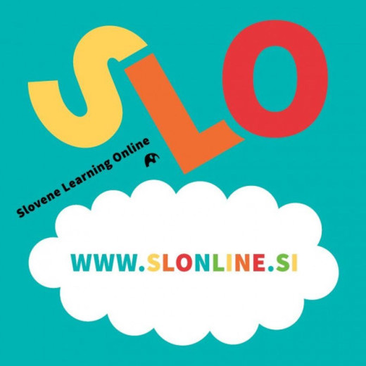 Colorful SLO letters on a teal background, with the text Slovene Learning Online and a white cloud shape displaying the website www.slonline.si in multicolored letters.