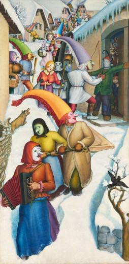 A painted winter scene showing masked figures, musicians, and villagers walking through a snowy street.