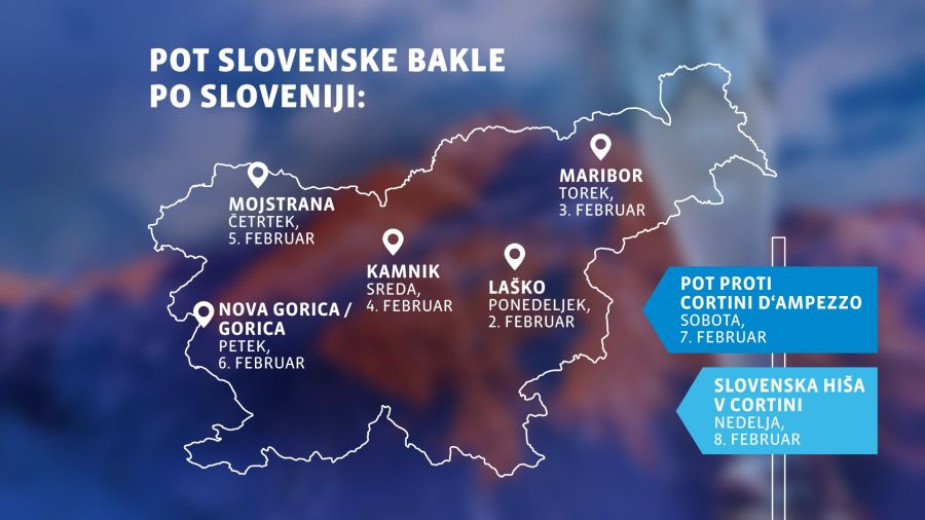 Zemljevid Slovenije prikazuje pot slovenske bakle z označenimi mesti in datumi na modrem ozadju.