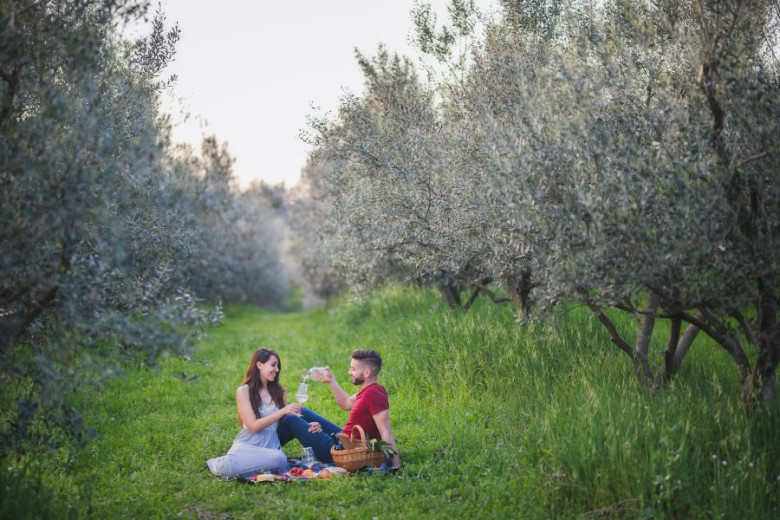 A couple sitting on a blanket in a grassy olive grove, the man pouring liquid from a glass bottle into the woman's wine glass, both smiling.