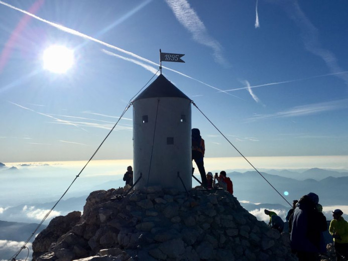 A small iron house Aljažev stolp - Aljaž torn  on the top of the highest Slovenian mountain Triglav.