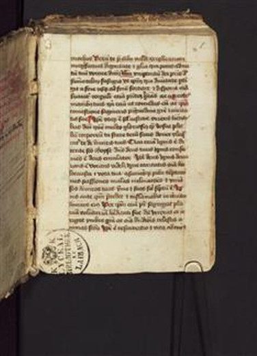 Starinska stran rokopisa s starim, porumenelim papirjem in ročno napisanim latinskim besedilom s črnim in rdečim črnilom. Vezava je vidna, kar izraža zgodovinsko zanimivost.