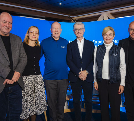 Prince Albert II of Monaco, Kolinda Grabar-Kitarović, Johan Eliasch, Franjo Bobinac, Alja Brglez and Giuliano Vantaggi posing on stage for the photographers.