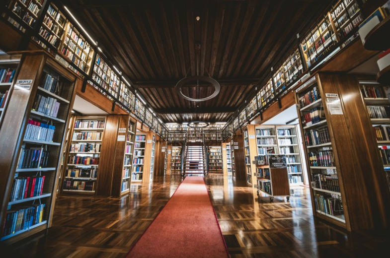 Spacious library hall with tall bookshelves, wooden details, and a quiet reading path.