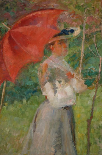 a woman is walking and in the hands she is holding an umbrella