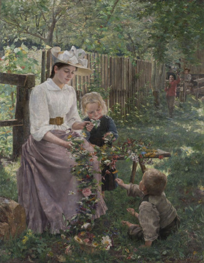 a woman  in late 20th century clothes with flowers in hands and kids around during the summer time