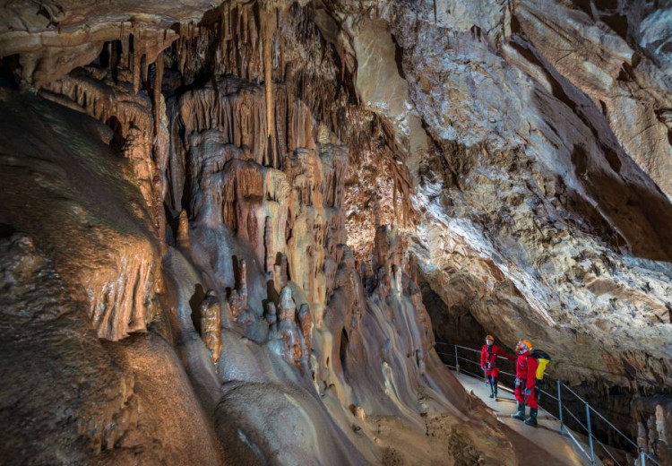 a large cave chamber filled with rich speleothem formations, including stalactites, stalagmites, and calcite pillars. The walls are smooth, covered with flowing calcite layers in warm  tones. Three cavers , wearing helmets with lights, walk along a secured metal walkway with a railing.