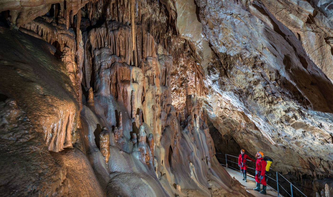 Cavers on a secured walkway observe speleothem formations rising throughout the spacious underground chamber.