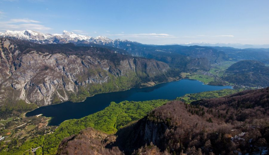 A big lake and all around high mountains