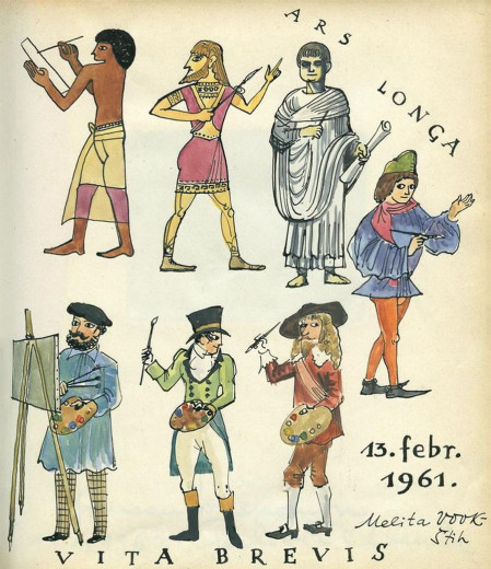 Risba prikazuje umetnike iz različnih zgodovinskih obdobij z risarskimi orodji in značilnimi oblačili. Ob strani sta napisa »Ars longa« in »Vita brevis«, spodaj pa ročno zapisan datum »13. febr. 1961«.