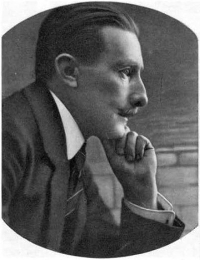 A man in the old suit with the arm under the head is thinking about something.