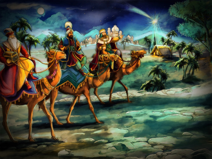 Three kings on camelas are near the city and are looking at it 