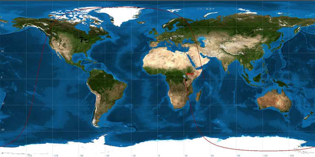 Zemljevid sveta s prikazano projekcijo tirnice satelita Trisat.