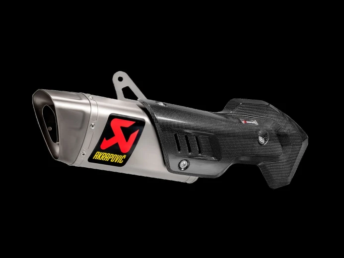 A module of a new design exhaust pipe with the Akrapovič logo on the side.